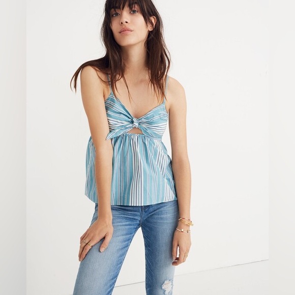 Madewell Blue & White Striped Tie-Front Keyhole Cami Tank Top Size 4 - Picture 2 of 7
